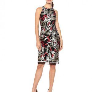 Nicole Miller New York Metallic Embroidred Sheath midi dress size 10 black gold